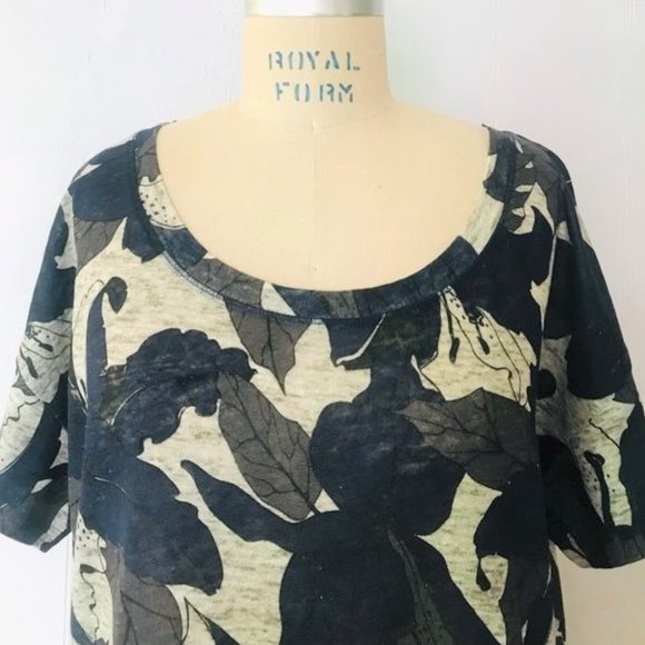 ZARA NAVY GRAY BEIGE LINEN LEAF PRINT SHORT SLEEVE T-SHIRT MEDIUM - Picture 5 of 8